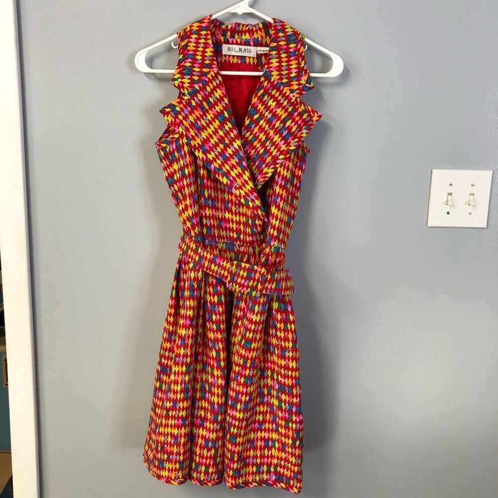 Vtg 1980s bill blass silk harlequin print dress bold collar sleeveless sz‎ 10